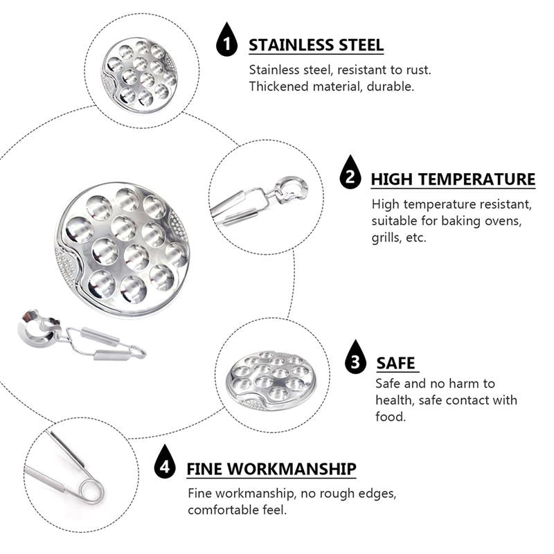 KIT PIATTO, PINZA E FORCHETTA ESCARGOT IN ACCIAIO INOX DA 12 FORI, INDICATO PER LUMACHE AL FORNO